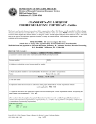 Form DFS-N1-1764 Change of Name &amp; Request for Revised License Certificate - Entities - Florida