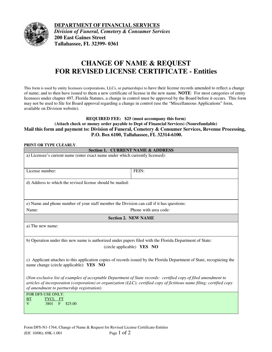 Form DFS-N1-1764 Change of Name  Request for Revised License Certificate - Entities - Florida, Page 1