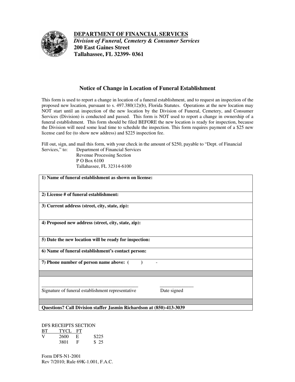 Form DFS-N1-2001 Notice of Change in Location of Funeral Establishment - Florida, Page 1