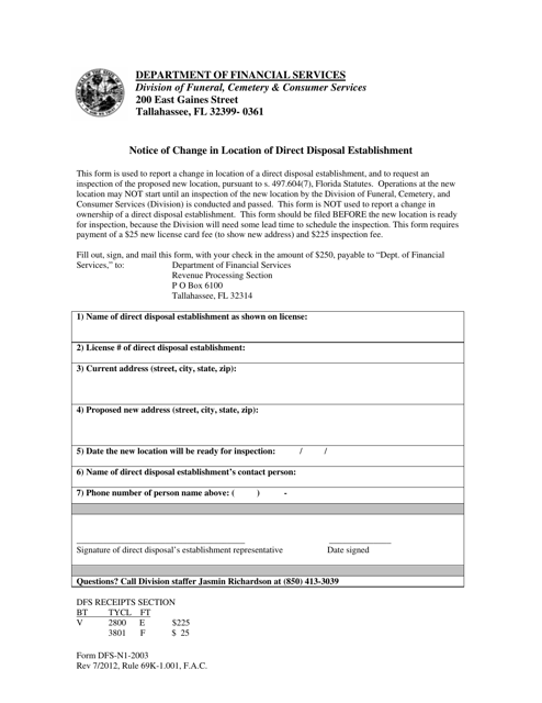 Form DFS-N1-2003 Notice of Change in Location of Direct Disposal Establishment - Florida
