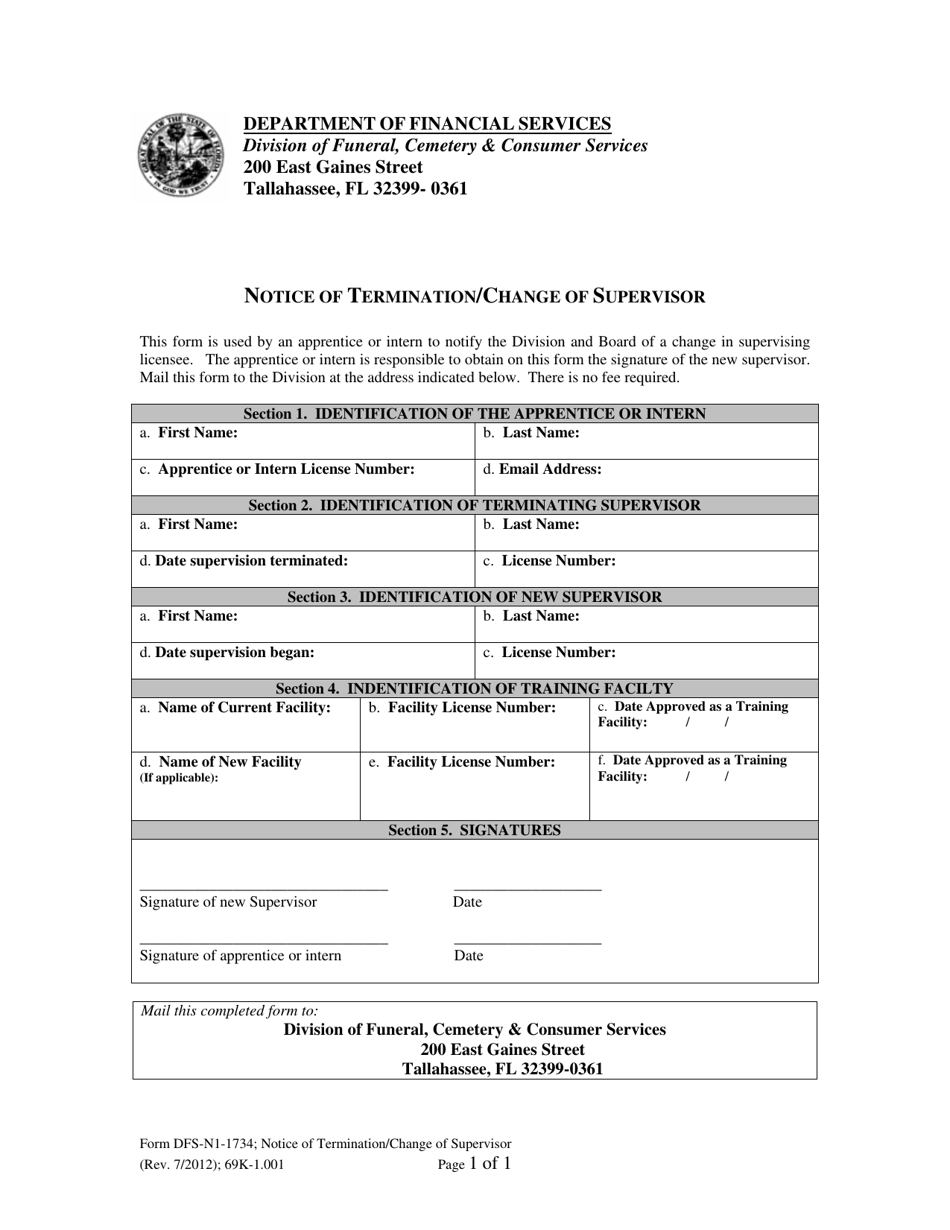 Form DFS-N1-1734 Notice of Termination / Change of Supervisor - Florida, Page 1
