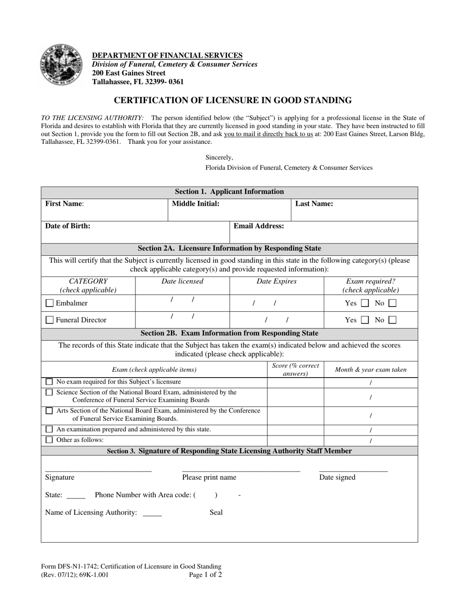 Form DFS-N1-1742 Certification of Licensure in Good Standing - Florida, Page 1