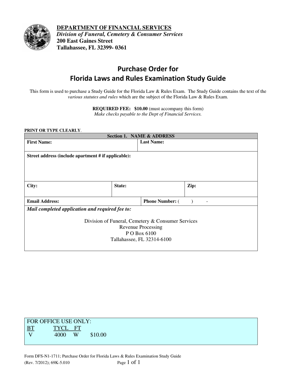 Form DFS-N1-1711 Purchase Order for Florida Laws and Rules Examination Study Guide - Florida, Page 1