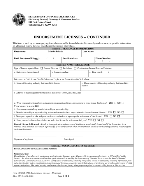 Form DFS-N1-1710 Endorsement Licenses - Continued - Florida