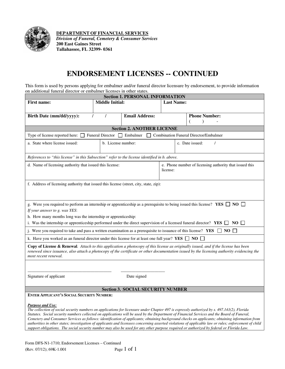 Form DFS-N1-1710 Endorsement Licenses - Continued - Florida, Page 1