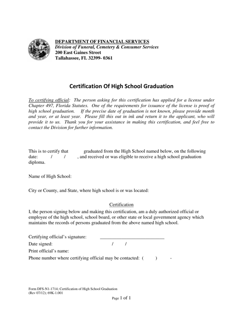 Form DFS-N1-1714 Certification of High School Graduation - Florida