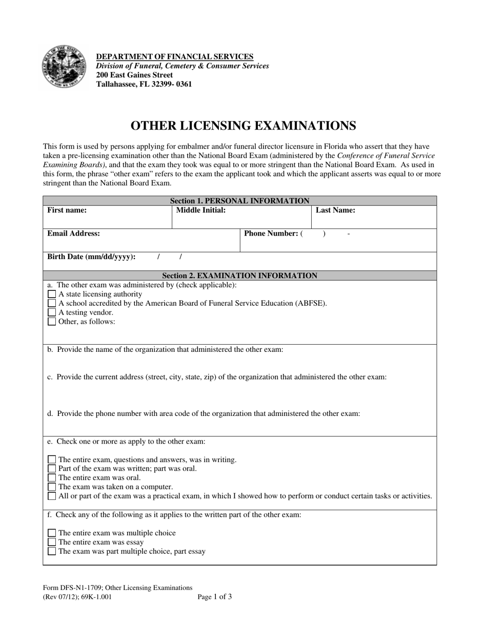 Form DFS-N1-1709 Other Licensing Examinations - Florida, Page 1