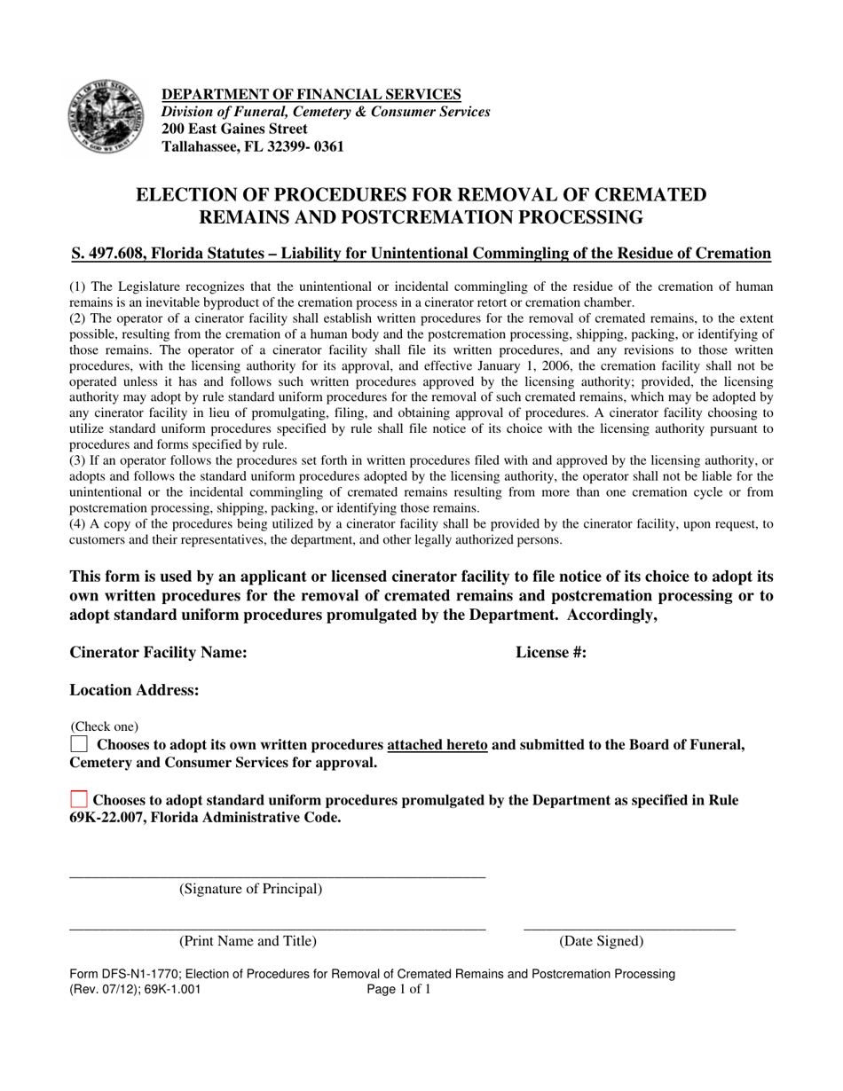 Form DFS-N1-1770 Election of Procedures for Removal of Cremated Remains and Postcremation Processing - Florida, Page 1