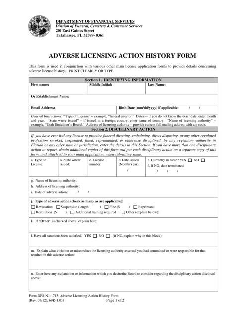 Form DFS-N1-1715 Adverse Licensing Action History Form - Florida