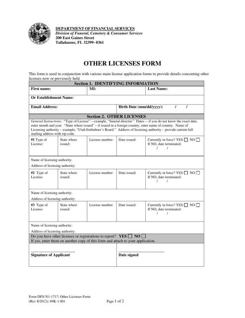 Form DFS-N1-1717 Other Licenses Form - Florida