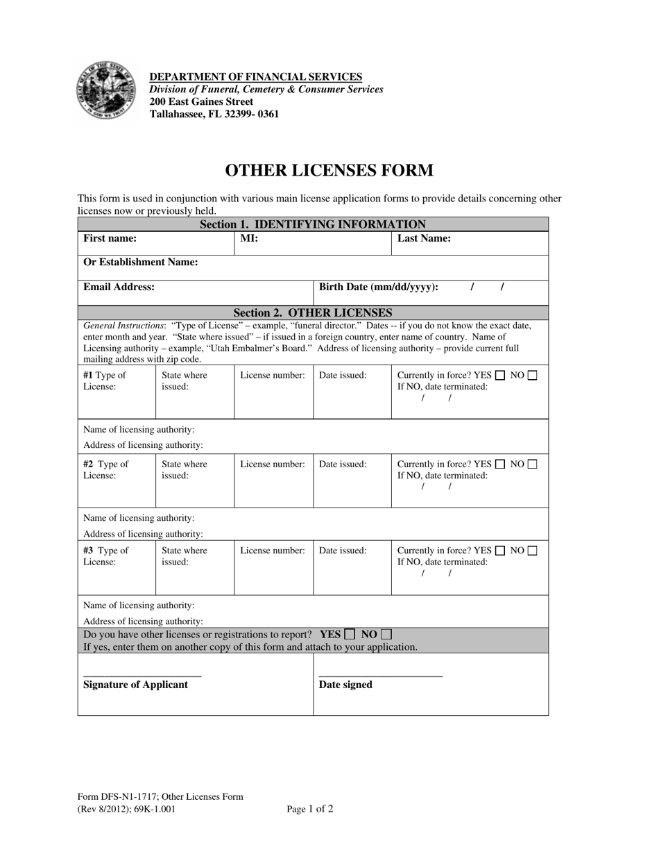 Form DFS-N1-1717 Other Licenses Form - Florida, Page 1