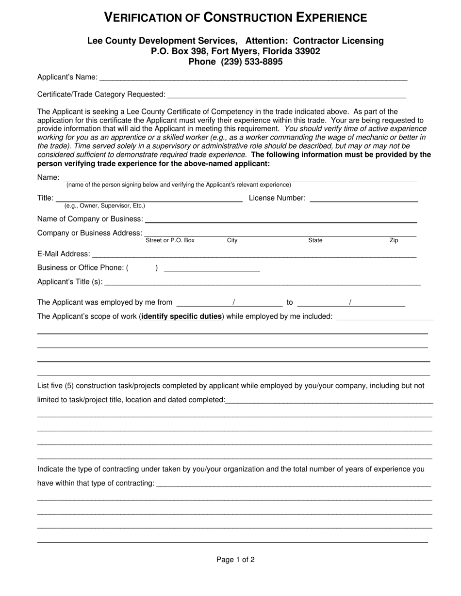 Verification of Construction Experience - Lee County, Florida, Page 1