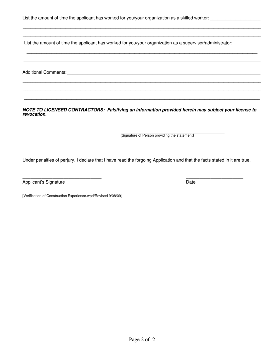 Verification of Construction Experience - Lee County, Florida, Page 2