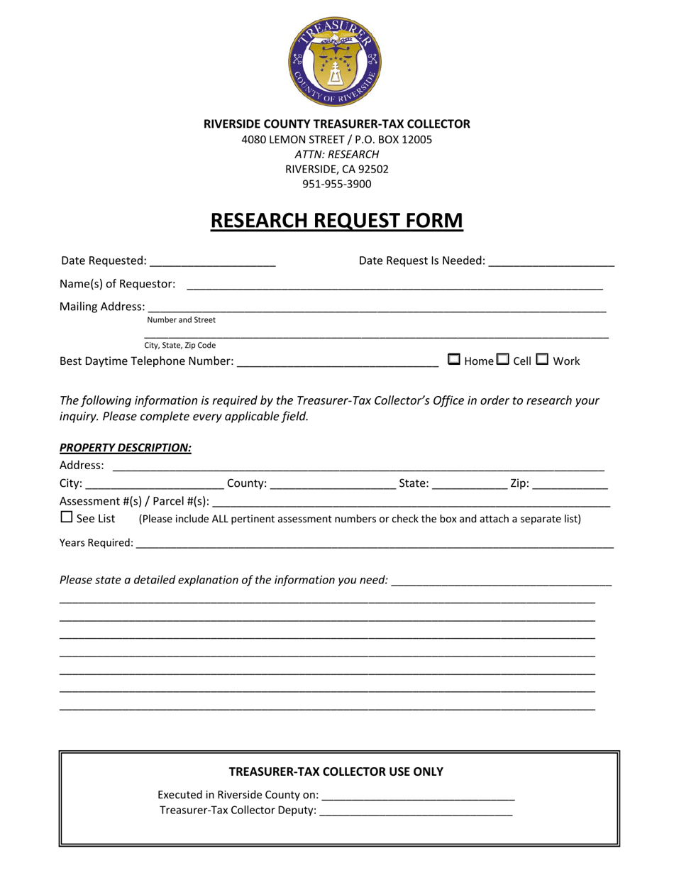 Research Request Form - Riverside County, California, Page 1
