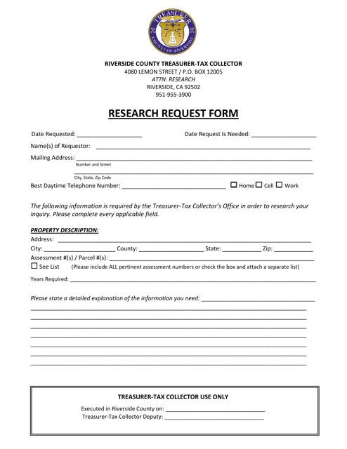 Research Request Form - Riverside County, California Download Pdf