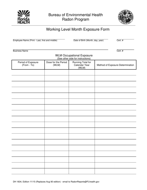 Form DH1834 Working Level Month Exposure Form - Radon Program - Florida