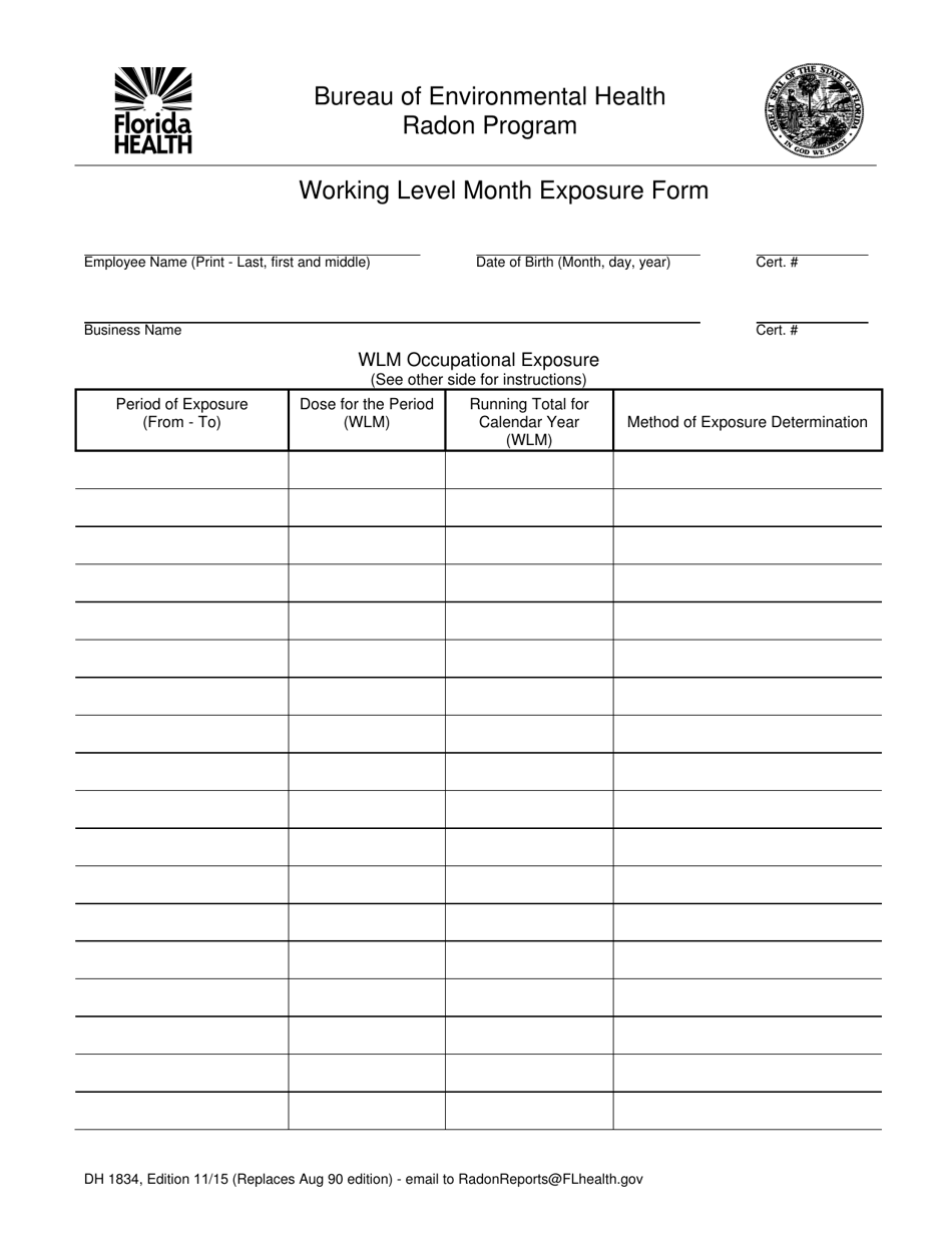 Form DH1834 Working Level Month Exposure Form - Radon Program - Florida, Page 1