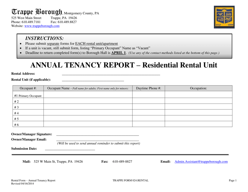Form 024 Annual Tenancy Report - Trappe Borough, Pennsylvania