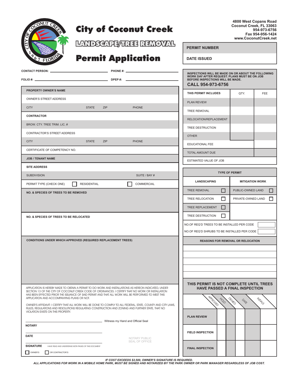 Landscape / Tree Removal Permit Application - City of Coconut Creek, Florida, Page 1