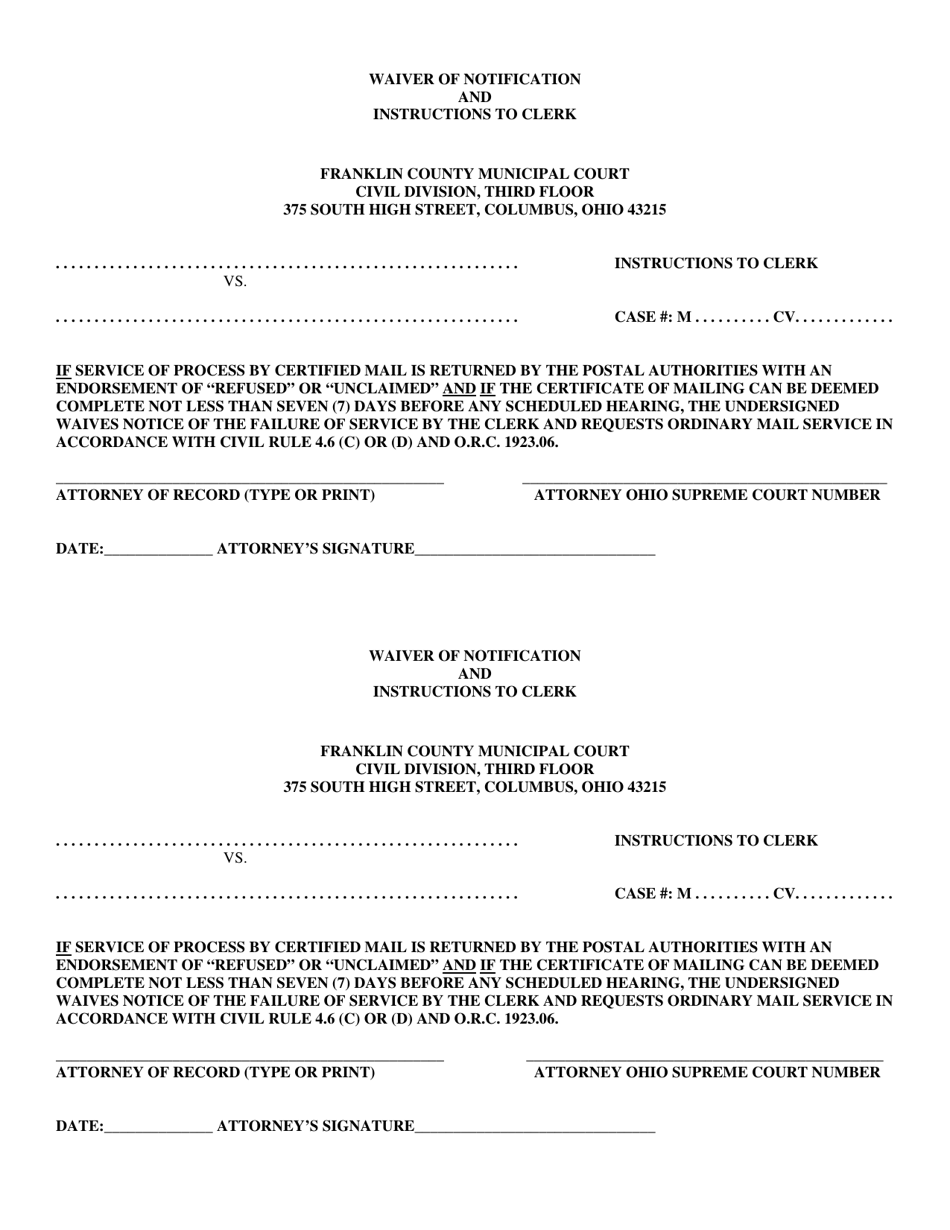 Waiver of Notification and Instructions to Clerk - Franklin County, Ohio, Page 1
