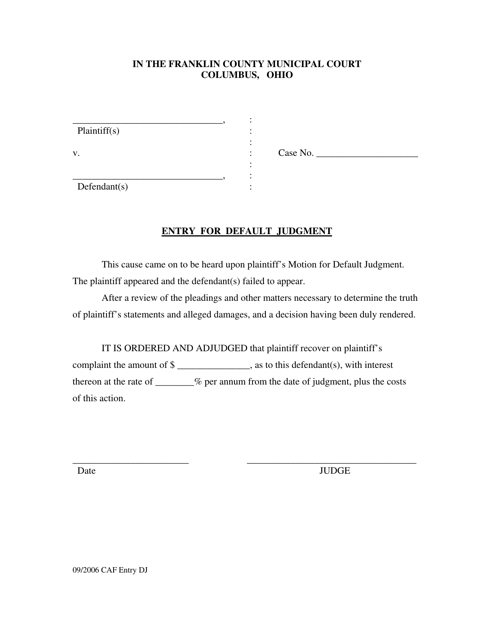 Entry for Default Judgment - Franklin County, Ohio Download Pdf