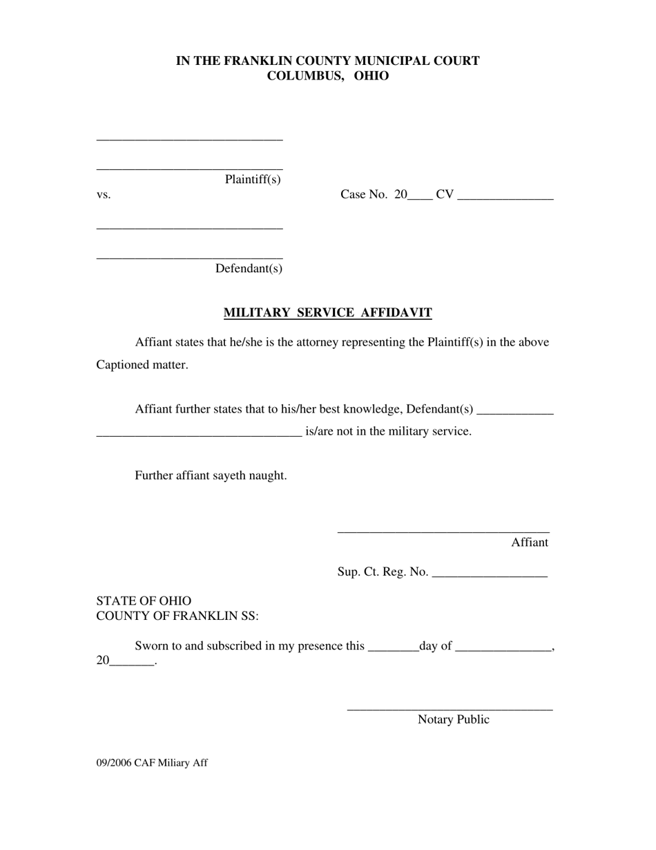 Military Service Affidavit - Franklin County, Ohio, Page 1