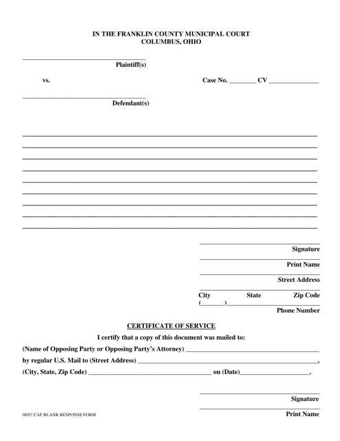 Civil Response / Motion Form - Franklin County, Ohio Download Pdf