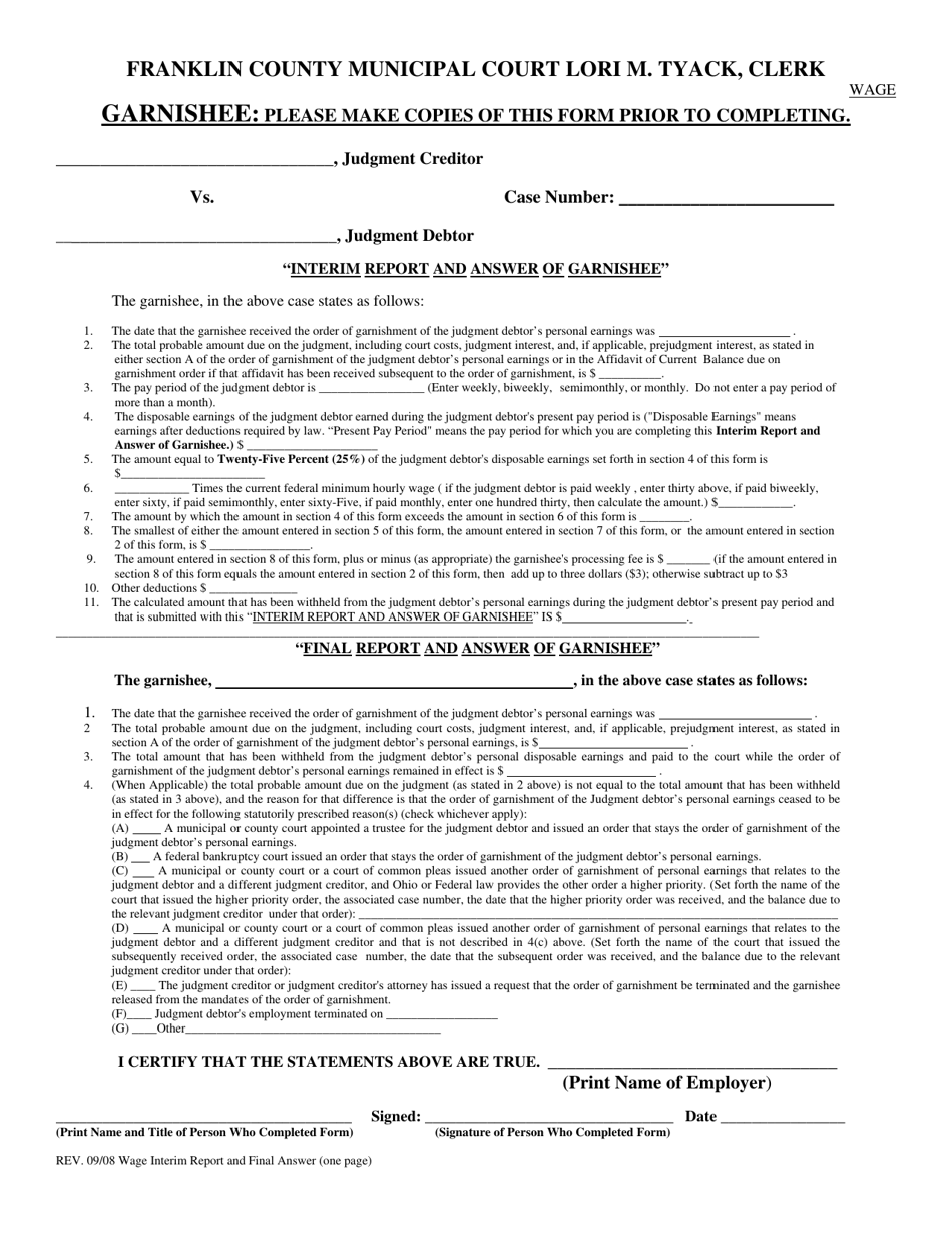 Franklin County, Ohio Wage Interim Report and Final Answer Fill Out