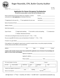 Document preview: Form DTE105C Application for Owner-Occupancy Tax Reduction - Butler County, Ohio