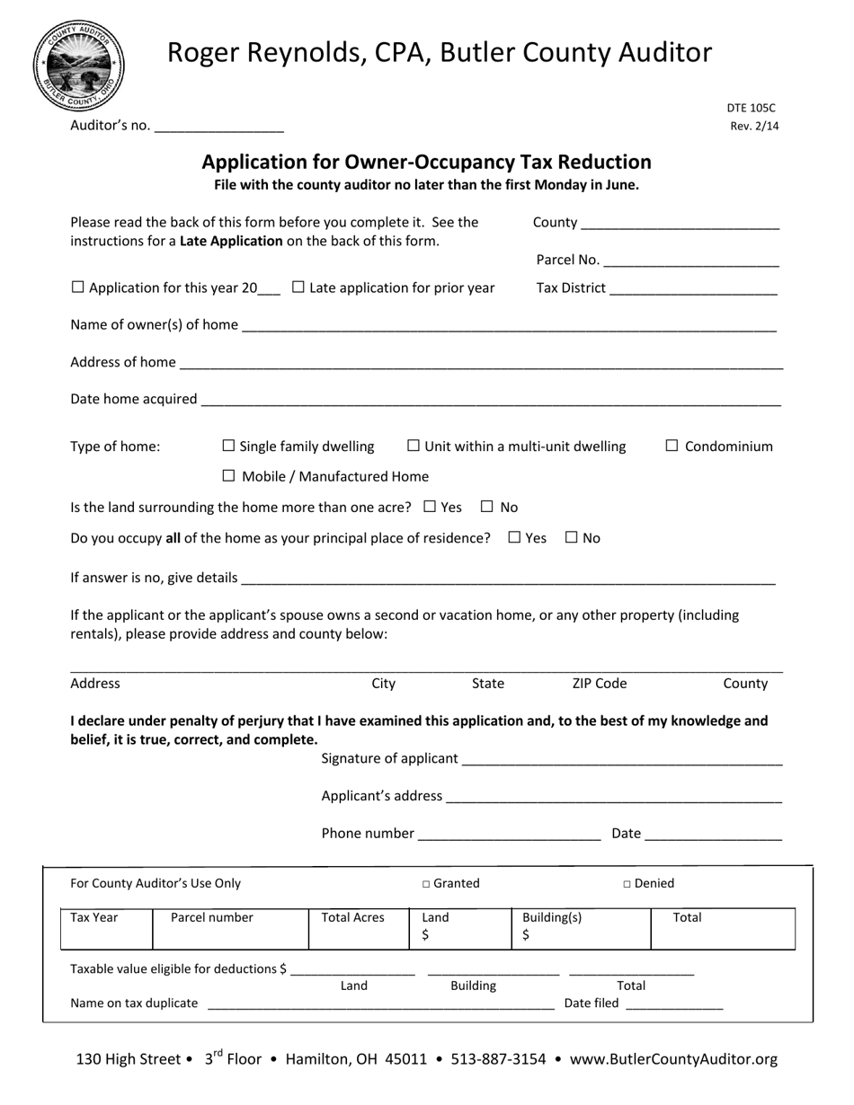 Form DTE105C Application for Owner-Occupancy Tax Reduction - Butler County, Ohio, Page 1