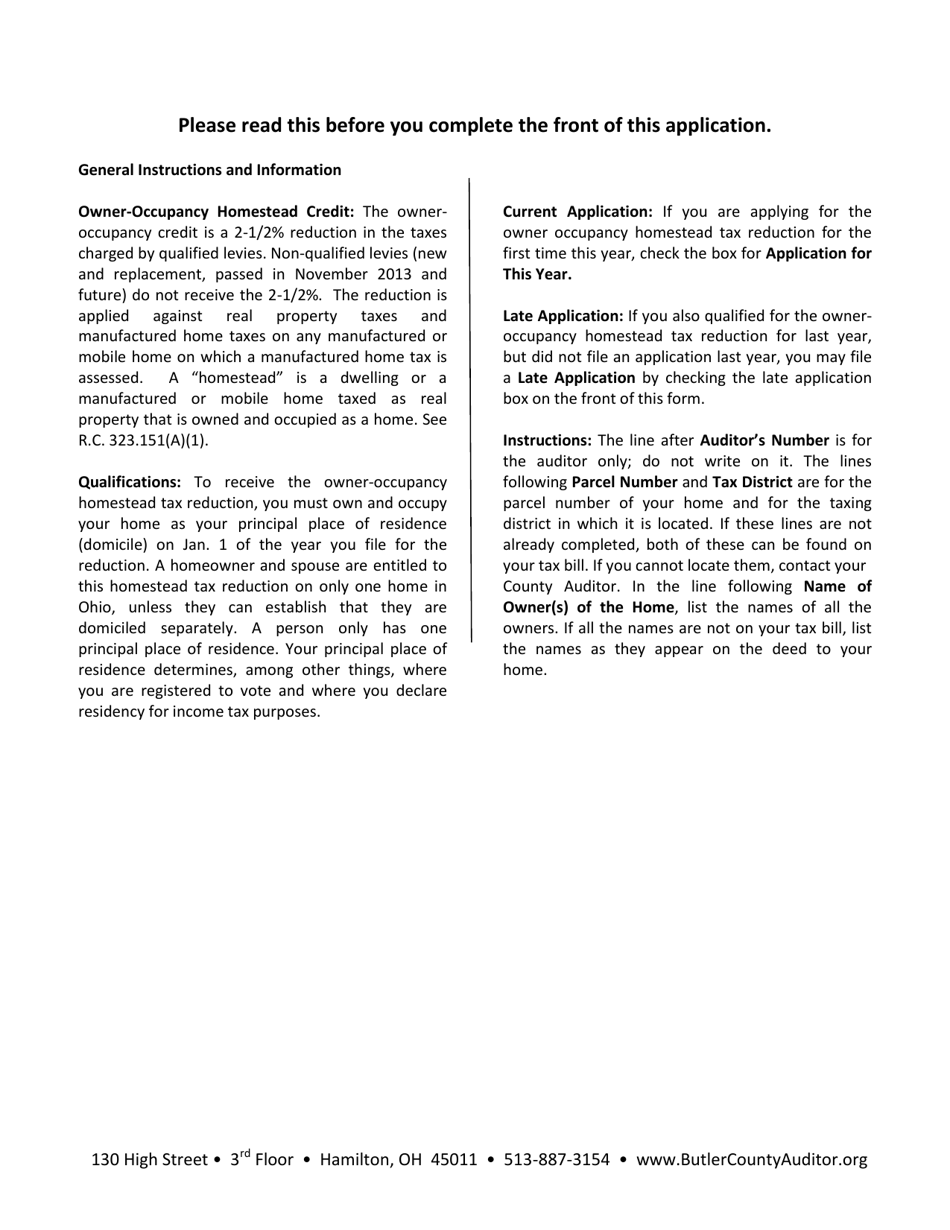 Form DTE105C Application for Owner-Occupancy Tax Reduction - Butler County, Ohio, Page 2