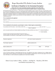 Form DTE105E &quot;Certificate of Disability for the Homestead Exemption&quot; - Butler County, Ohio
