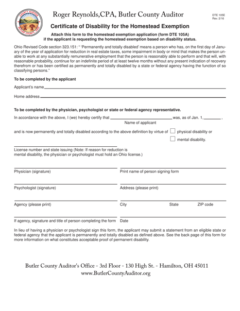 Form DTE105E Certificate of Disability for the Homestead Exemption - Butler County, Ohio
