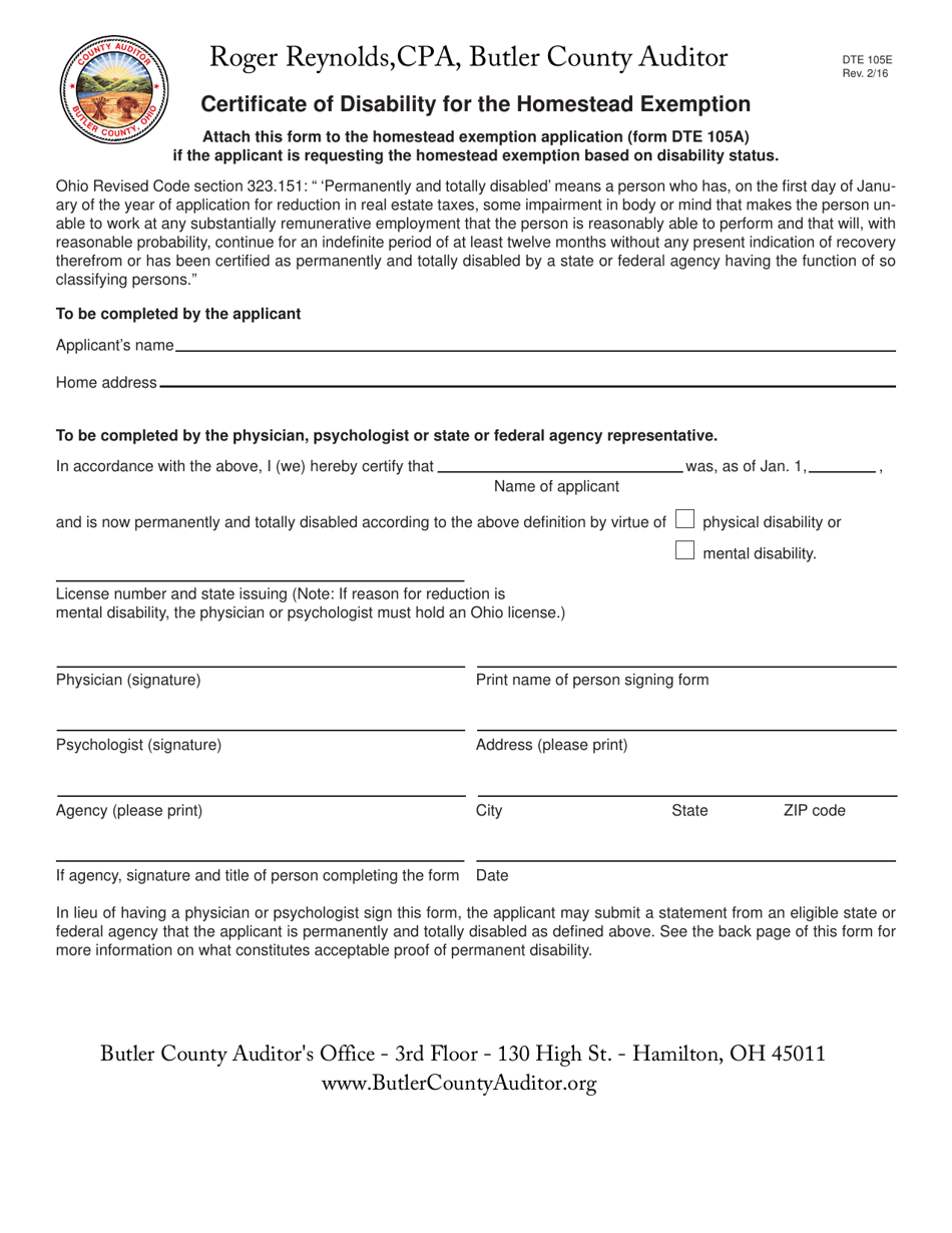 Form DTE105E Certificate of Disability for the Homestead Exemption - Butler County, Ohio, Page 1