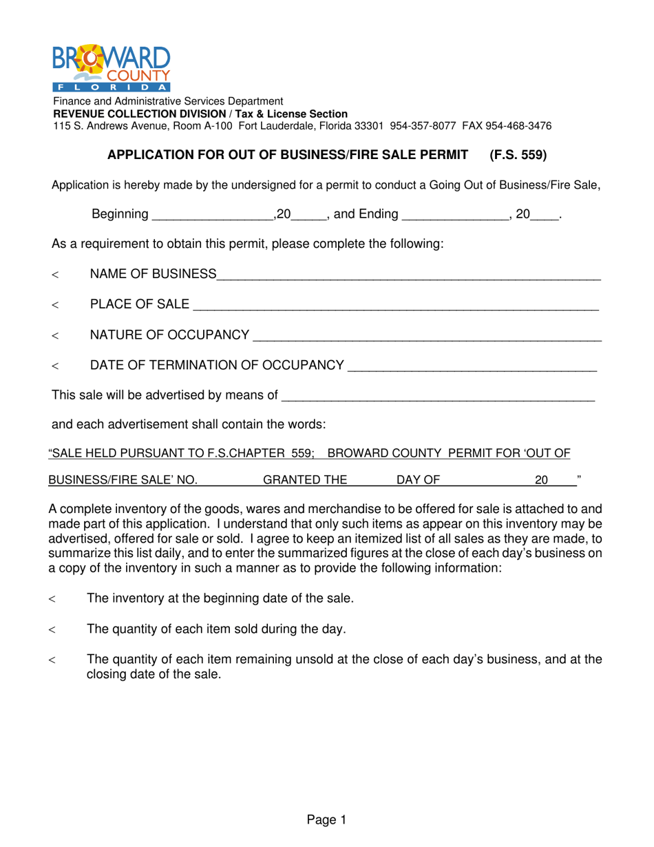 Application for out of Business / Fire Sale Permit - Broward County, Florida, Page 1