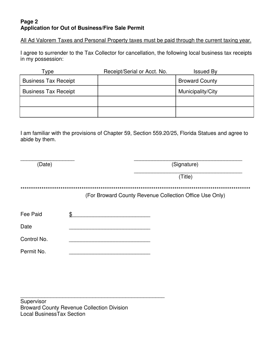 Broward County, Florida Application for out of Business/Fire Sale