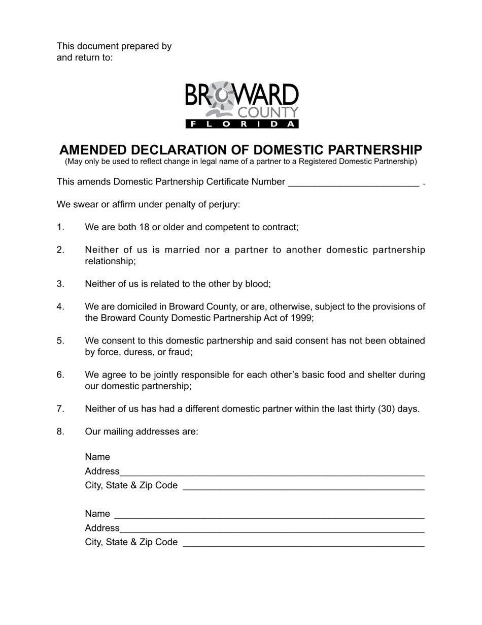 Form 404-61 Amended Declaration of Domestic Partnership - Broward County, Florida, Page 1
