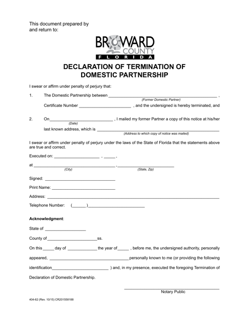 Form 404-62 Declaration of Termination of Domestic Partnership - Broward County, Florida
