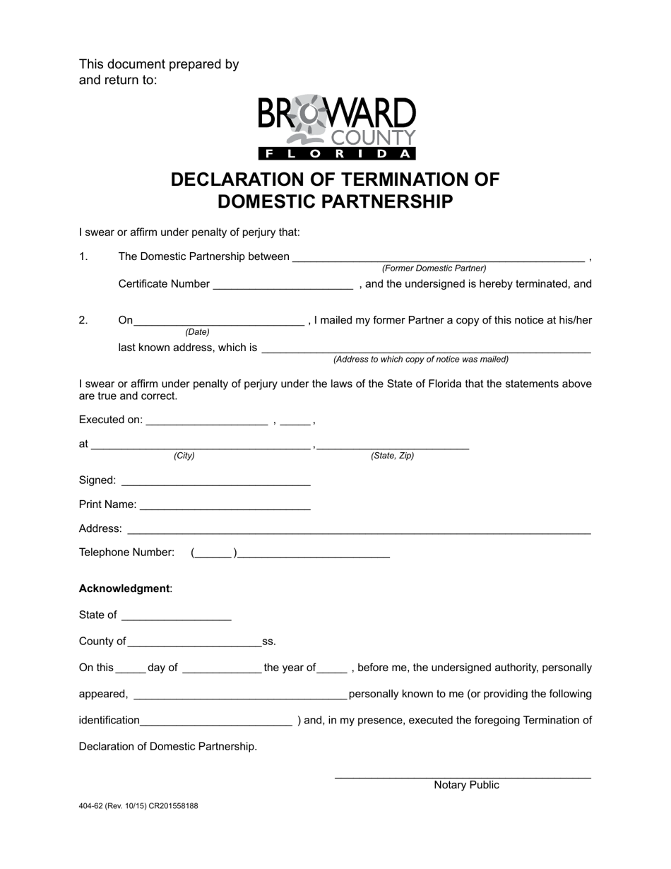 Form 404-62 Declaration of Termination of Domestic Partnership - Broward County, Florida, Page 1