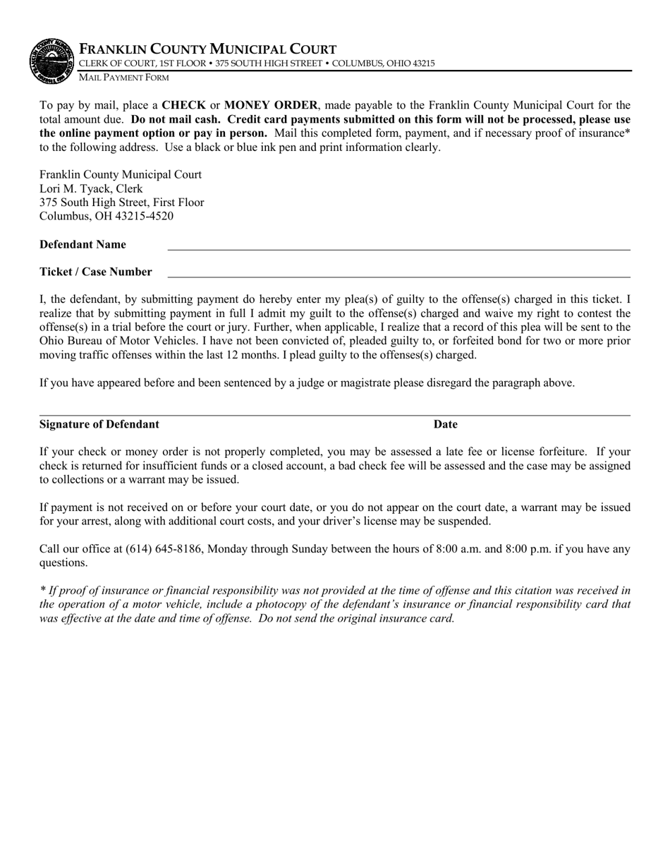 Franklin County, Ohio Mail Payment Form - Fill Out, Sign Online and Download PDF | Templateroller