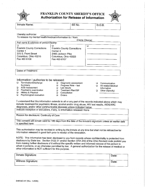 Form SHR-MD-67 Fcso Medical Release of Information Form - Franklin County, Ohio