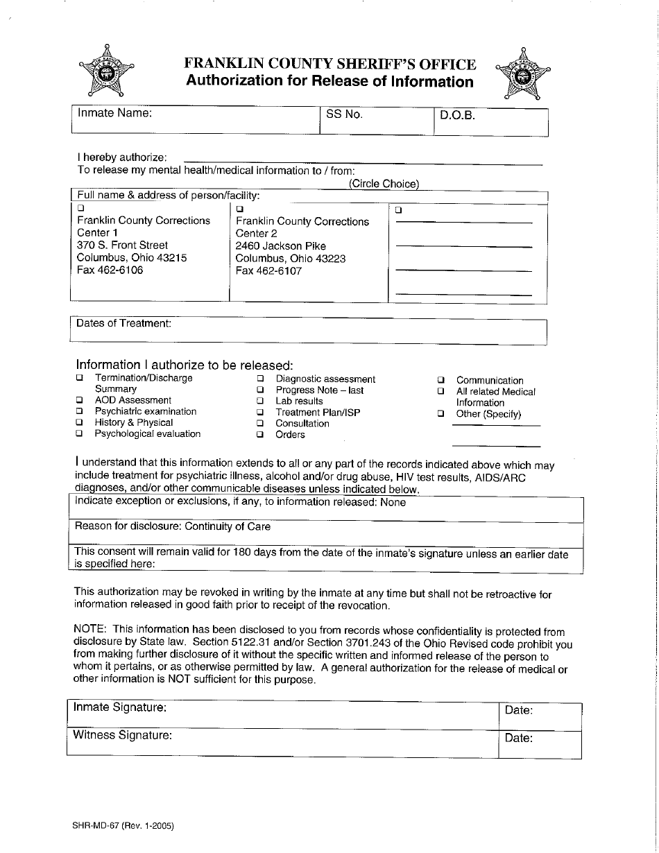 Form SHR-MD-67 Fcso Medical Release of Information Form - Franklin County, Ohio, Page 1