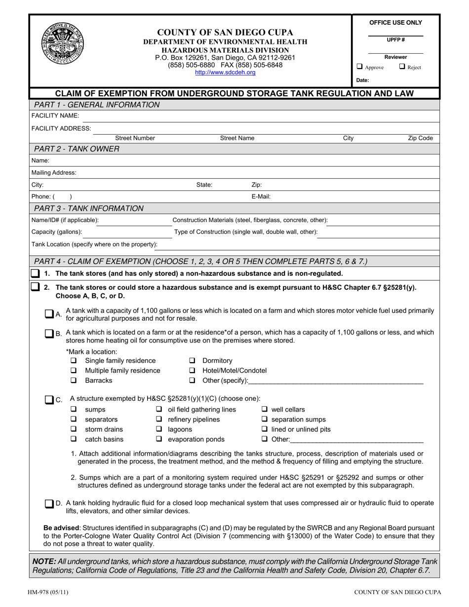 Form HM-978 Claim of Exemption From Underground Storage Tank Regulation and Law - County of San Diego, California, Page 1