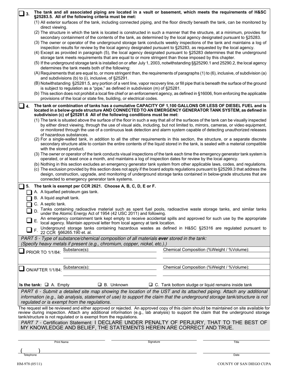 Form HM-978 Claim of Exemption From Underground Storage Tank Regulation and Law - County of San Diego, California, Page 2