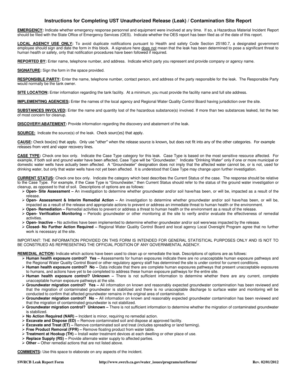 California Underground Storage Tank (Ust) Site Unauthorized Release
