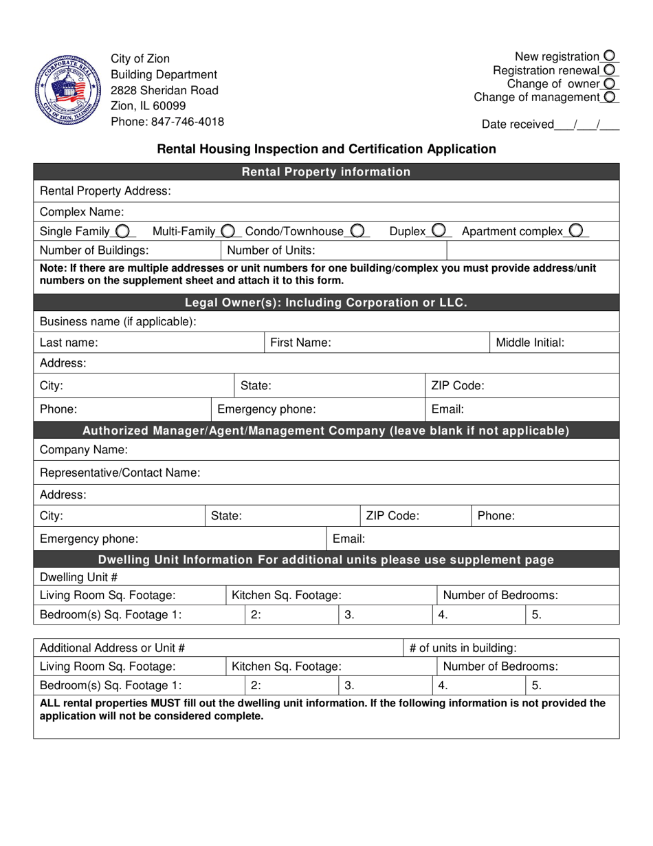 Rental Housing Inspection and Certification Application - City of Zion, Illinois, Page 1