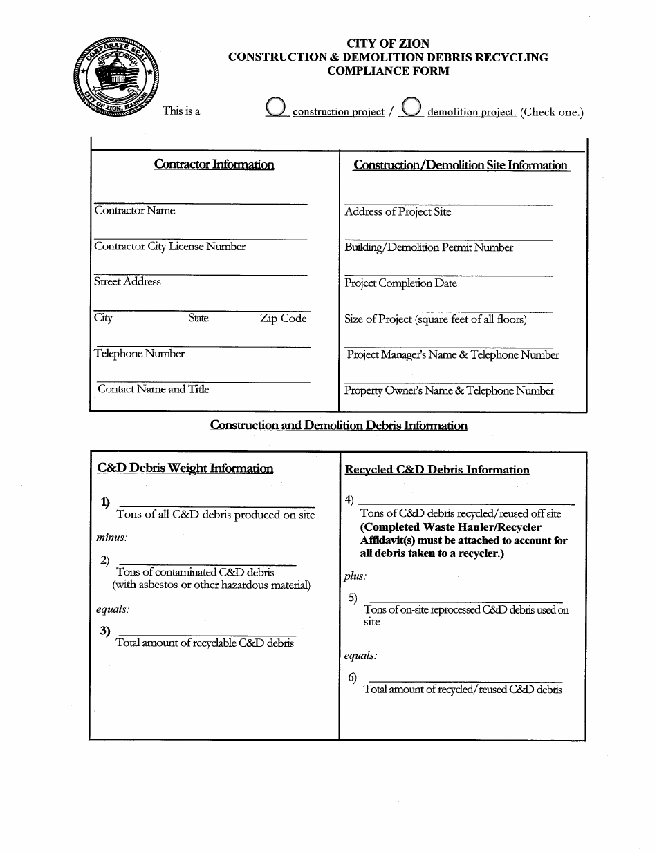 Construction and Demolition Debris Recycling Compliance Form - City of Zion, Illinois, Page 1