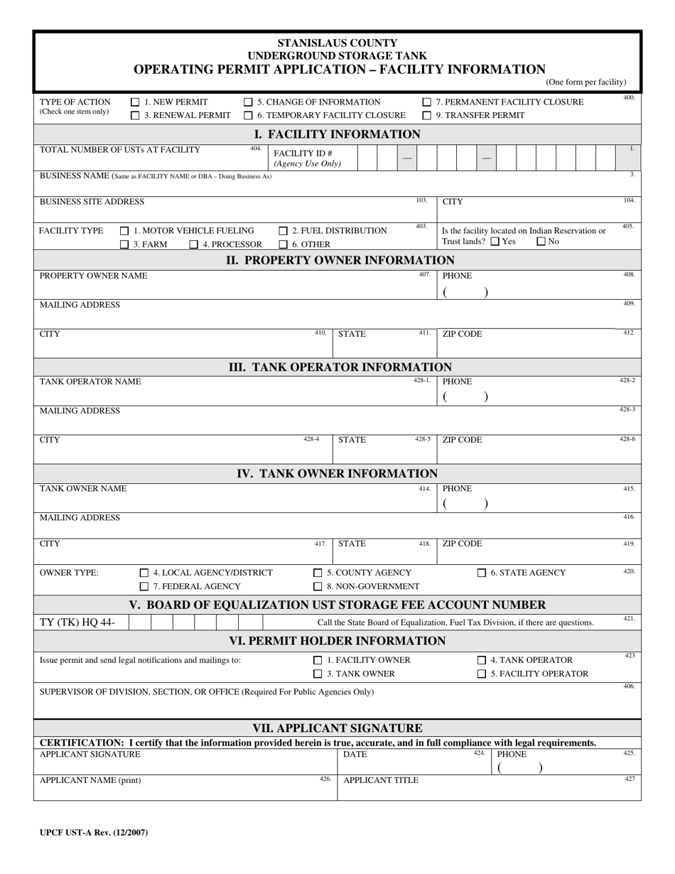 Form UPCF UST-A Operating Permit Application - Facility Information - Stanislaus County, California, Page 1