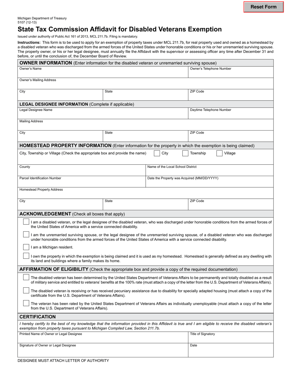 Form 5107 State Tax Commission Affidavit for Disabled Veterans Exemption - Michigan, Page 1