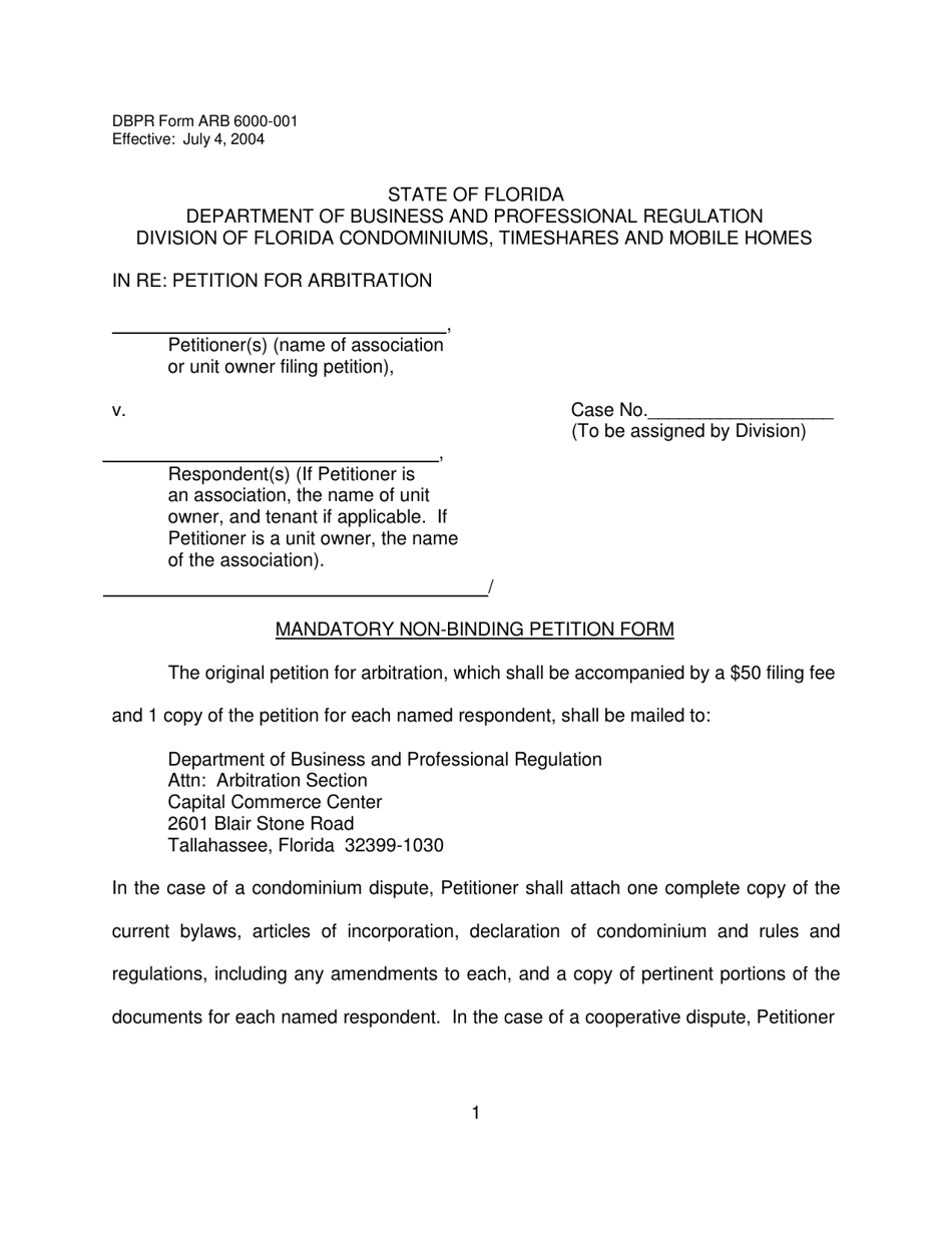 DBPR Form ARB6000-001 Mandatory Non-binding Petition Form - Florida, Page 1